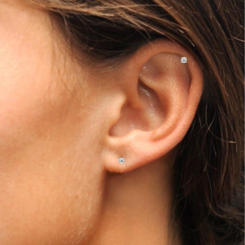 B. BRILLIANT Small Gold Studs 2mm Stud Earrings Yellow Gold Flashed Sterling Silver 2mm Round Stud Cartilage Tiny CZ Earrings for Men Women - Image 3